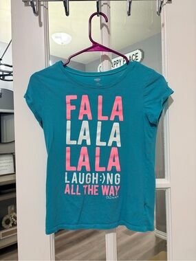 Old Navy Teal Girls' Short Sleeve 'Fa La La' Graphic Tee with Pink & White Print